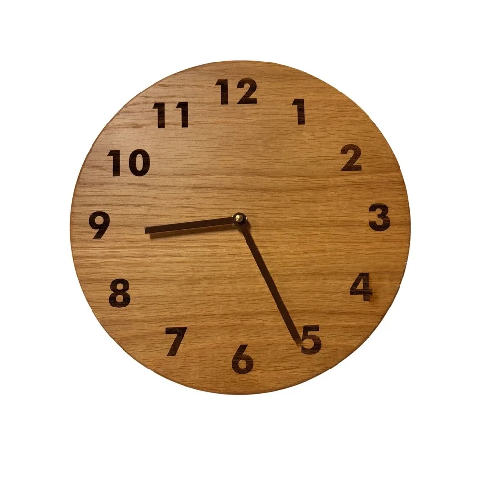 Vintage Mid Century Modern Solid Oak Wood Wall Clock 10 Inch Round Quartz Analog